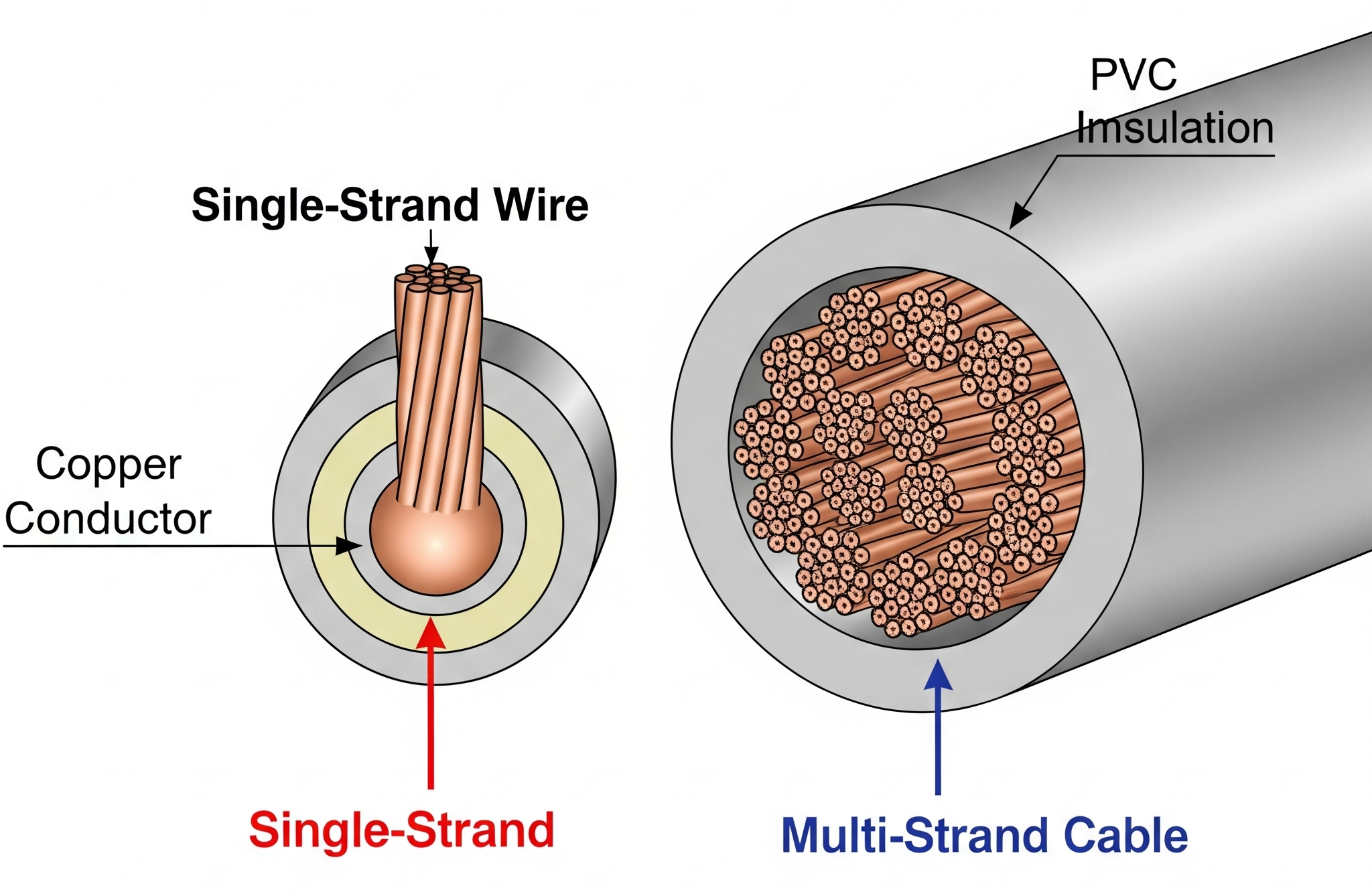نمای شماتیک مقطع یک سیم تک‌رشته‌ای در کنار یک کابل چندرشته‌ای