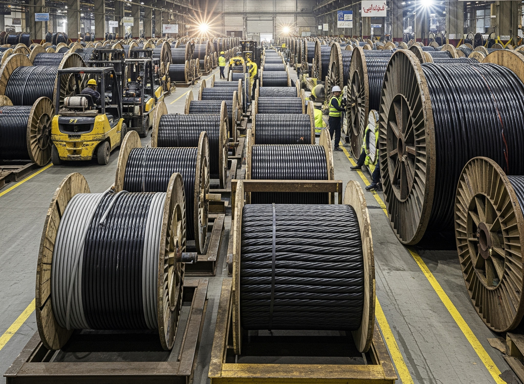 نمای صنعتی از قرقره‌های بزرگ کابل برق در انبار یا کارگاه تولید
