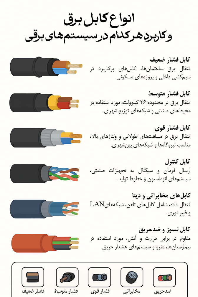 انواع کابل برق و کاربرد هر کدام در سیستمهای برقی انواع کابل برق و کاربرد هر کدام در سیستمهای برقی
